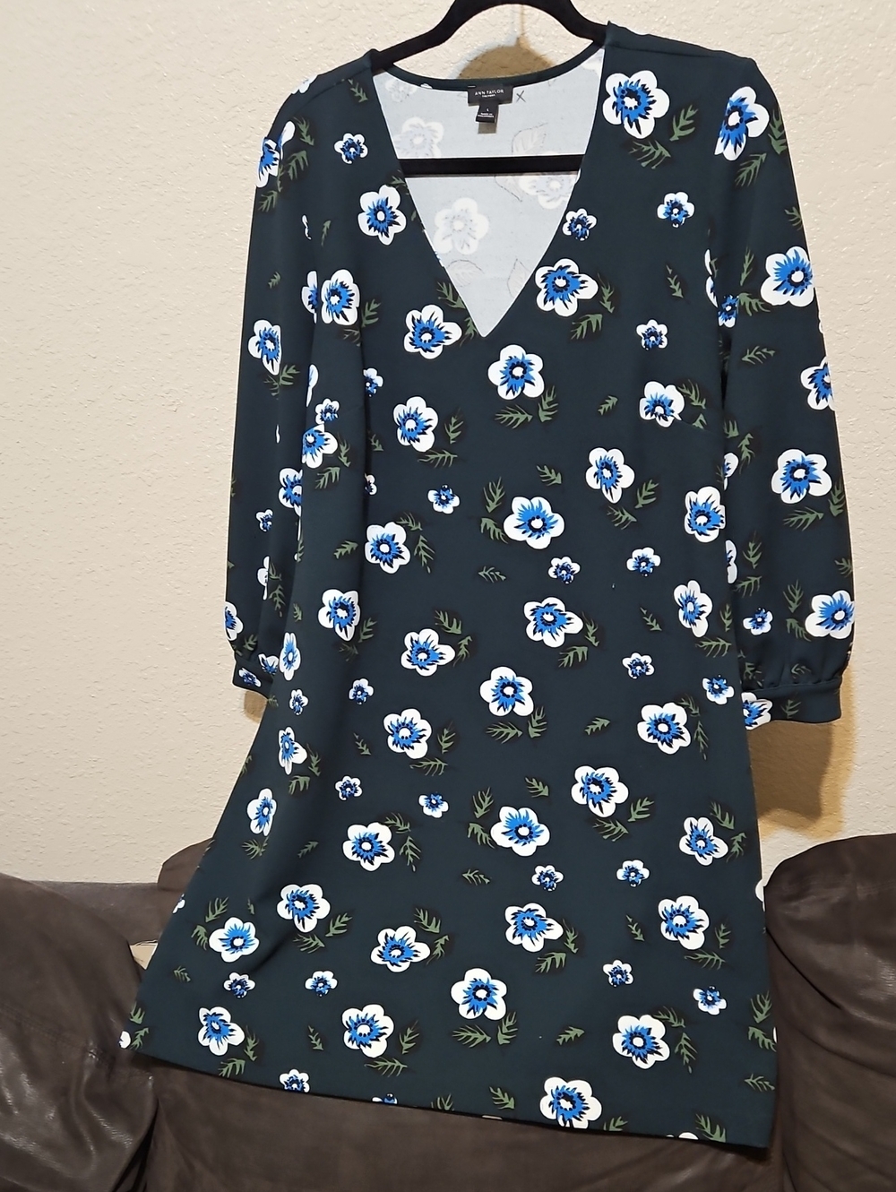 LOFT Navy Green V-Neck Long Sleeve Floral Dress